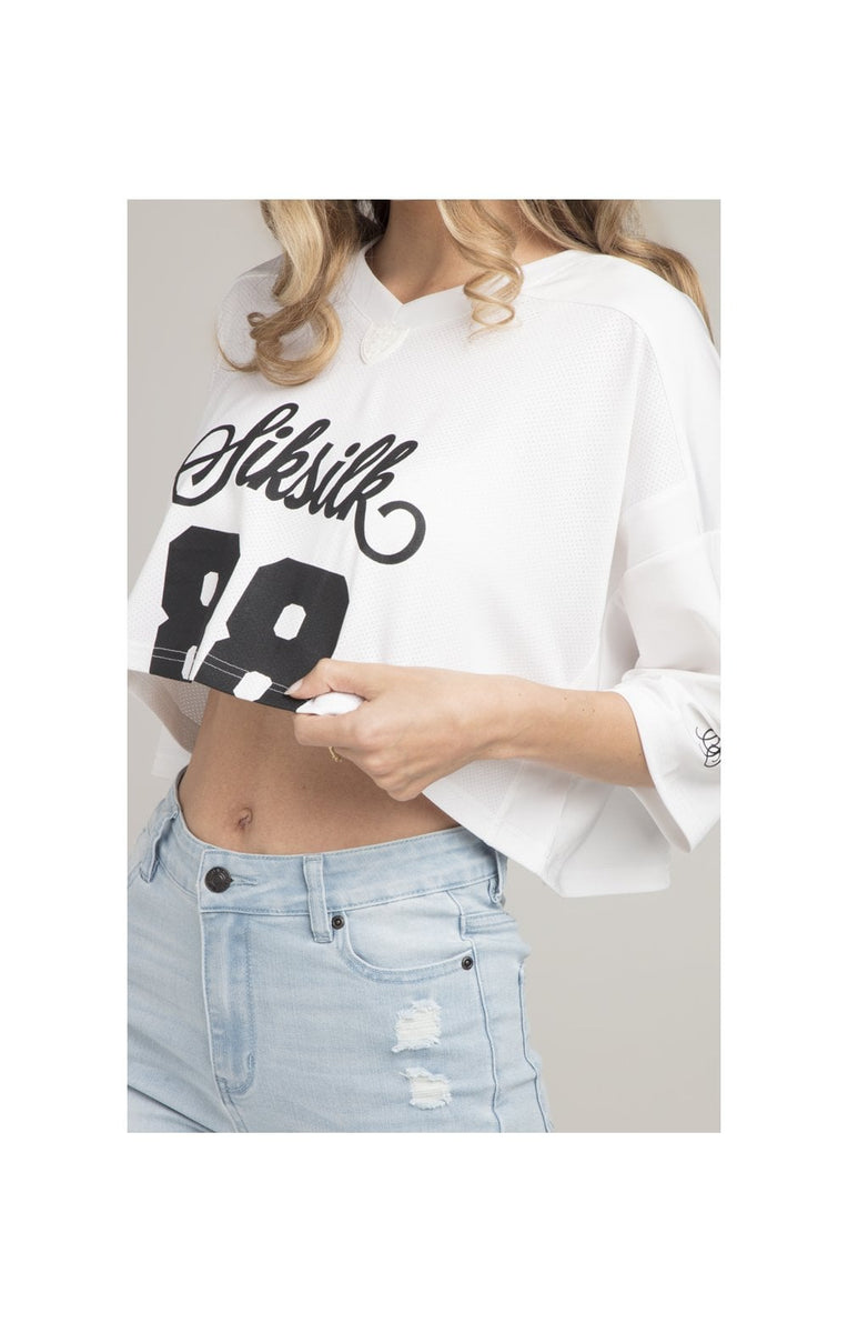 Zemeta Cropped Football Jersey Top With Angelic Text-white