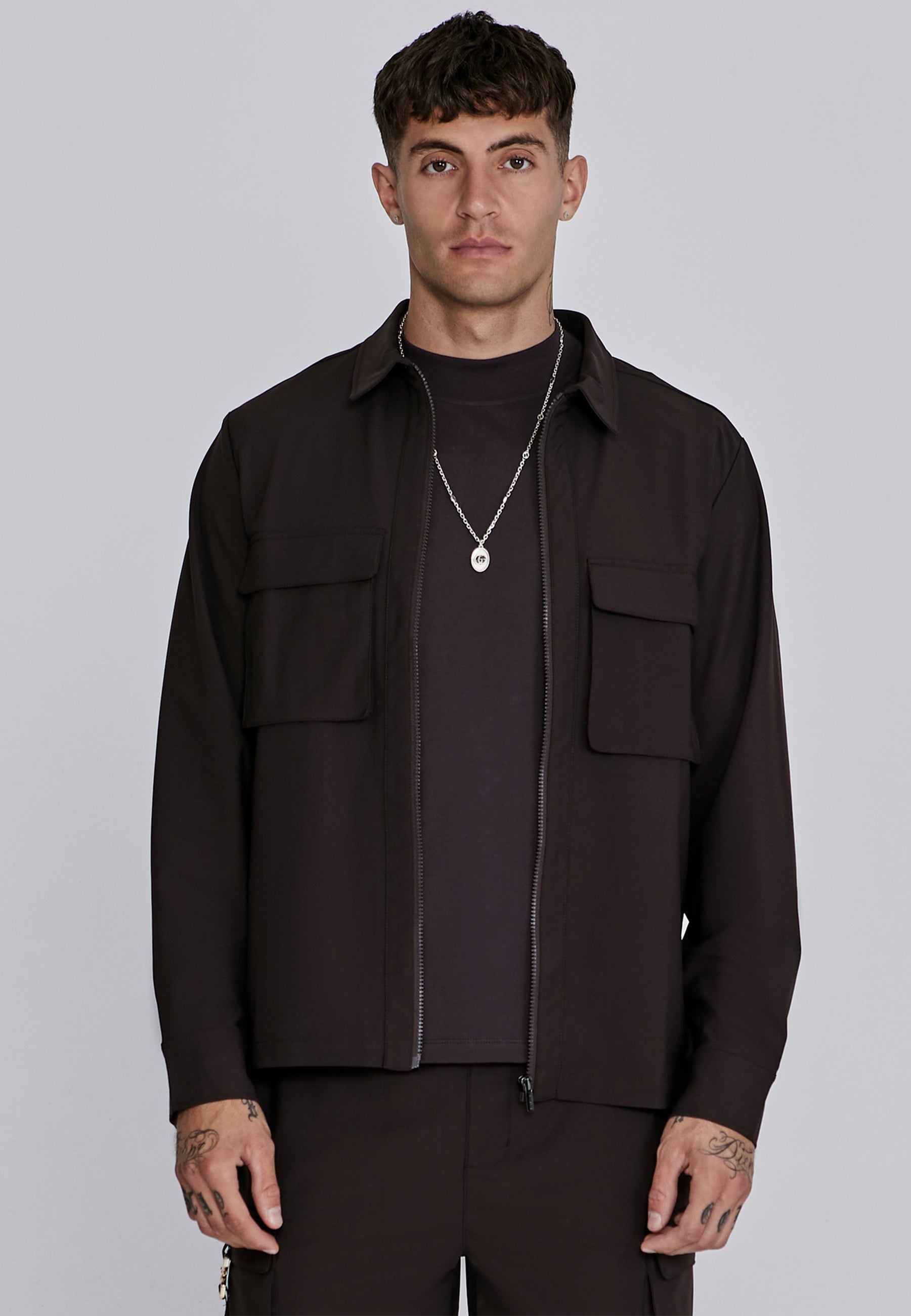 SikSilk Men's Brown Full Zip Overshirt | SikSilk UK