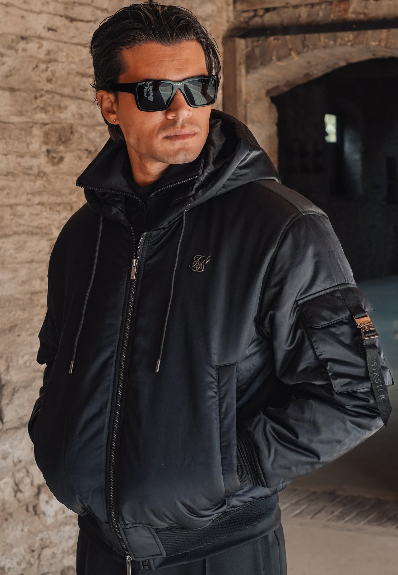 Black Hooded Bomber Jacket