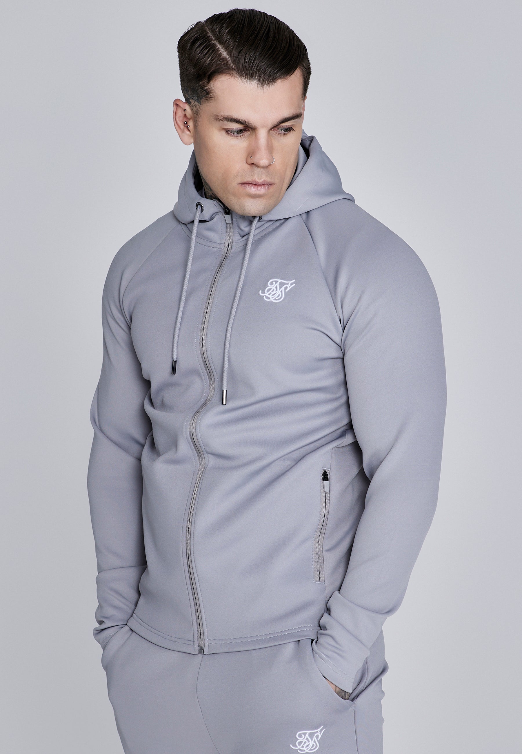SikSilk Mens Grey Essentials Poly Full Zip Hoodie | SikSilk UK