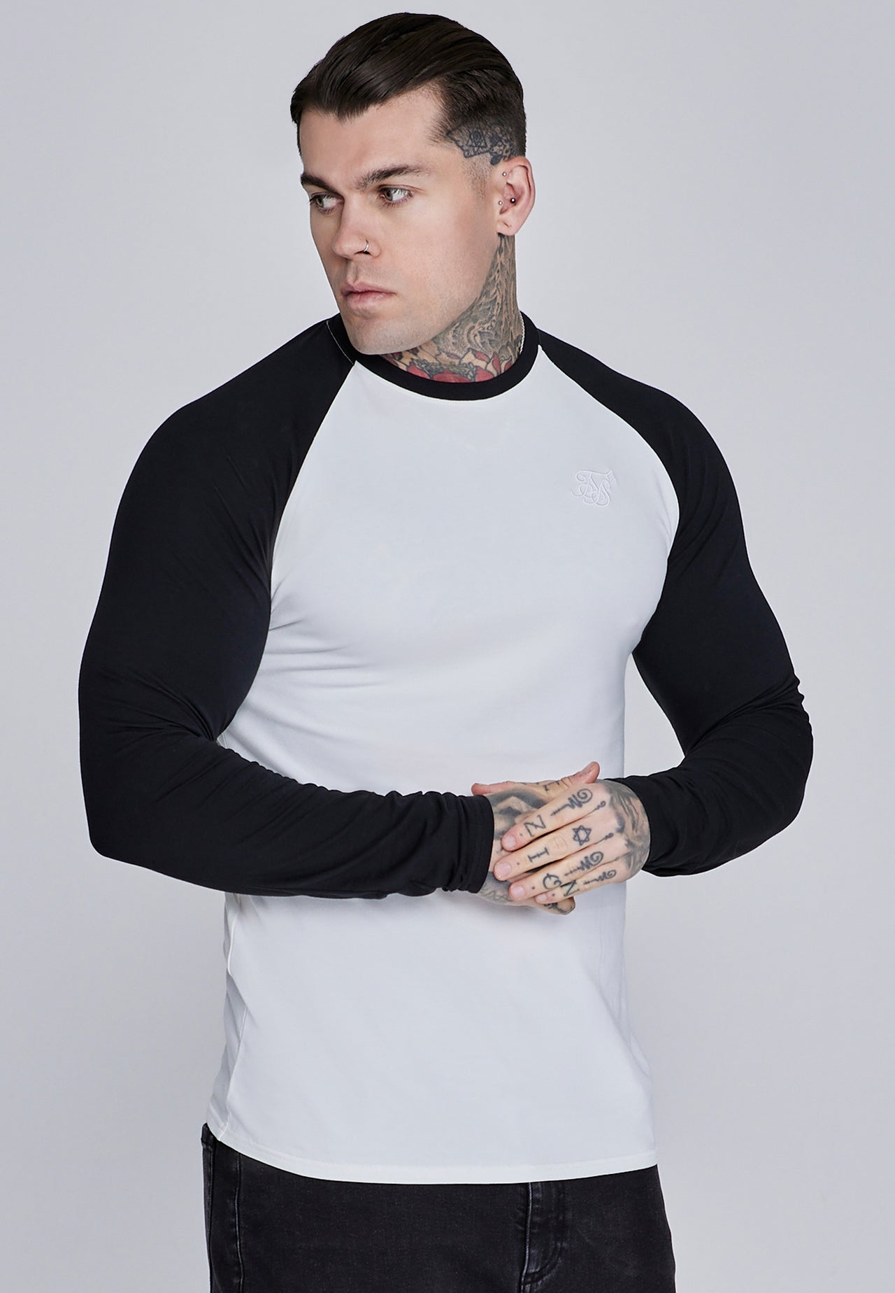 White and Black LS Muscle Fit T-Shirt