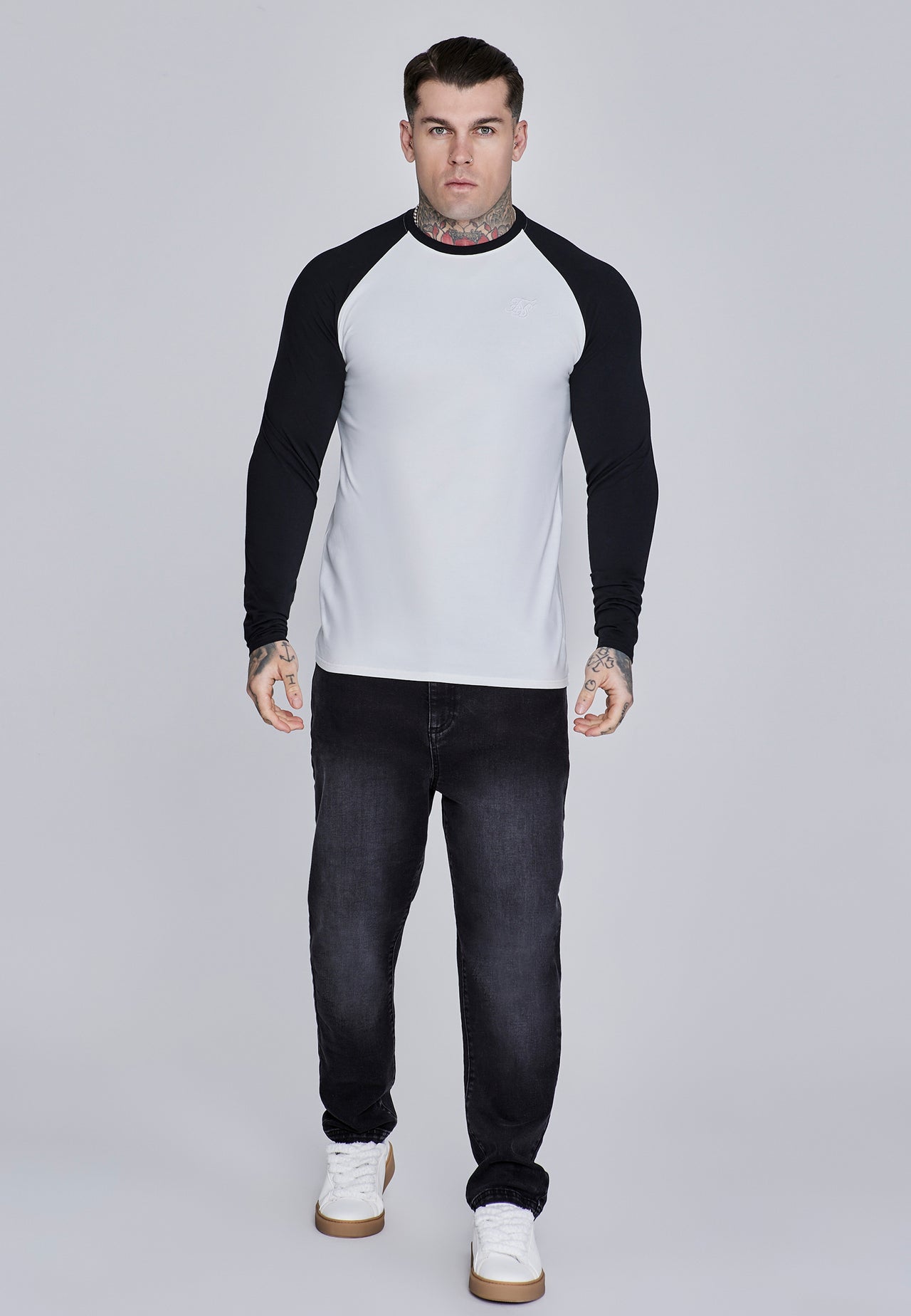 White and Black LS Muscle Fit T-Shirt (2)
