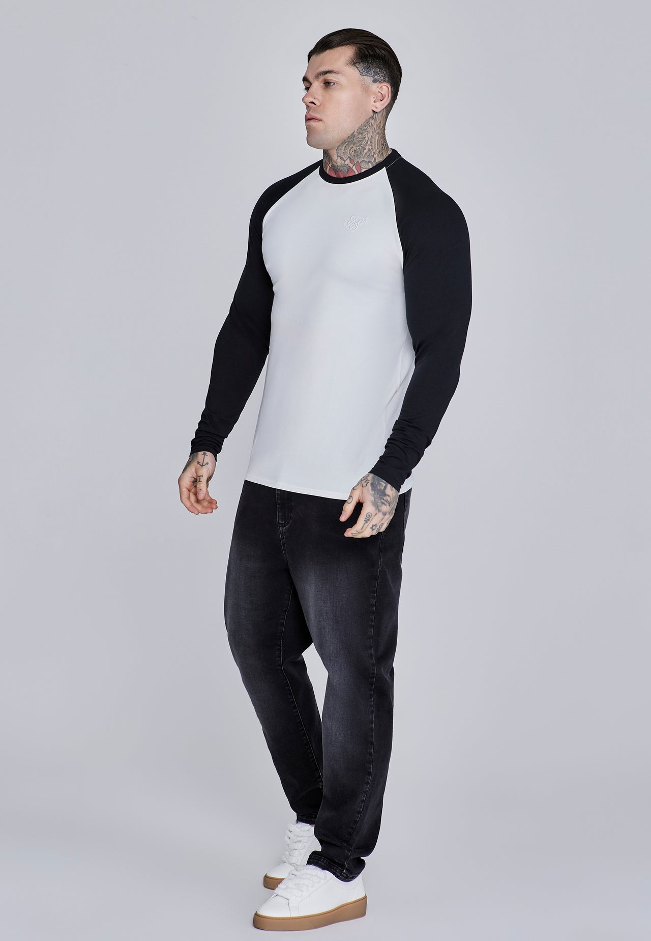 White and Black LS Muscle Fit T-Shirt (3)