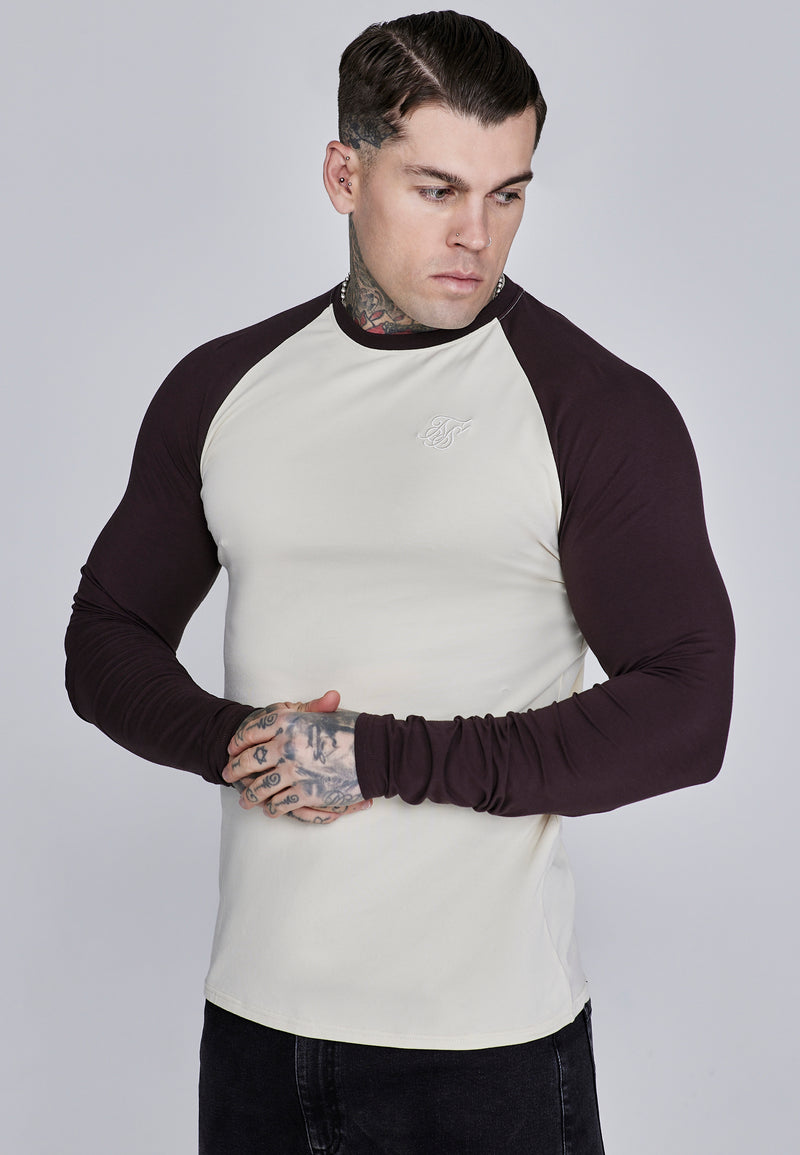 Ecru and Brown LS Muscle Fit T-Shirt