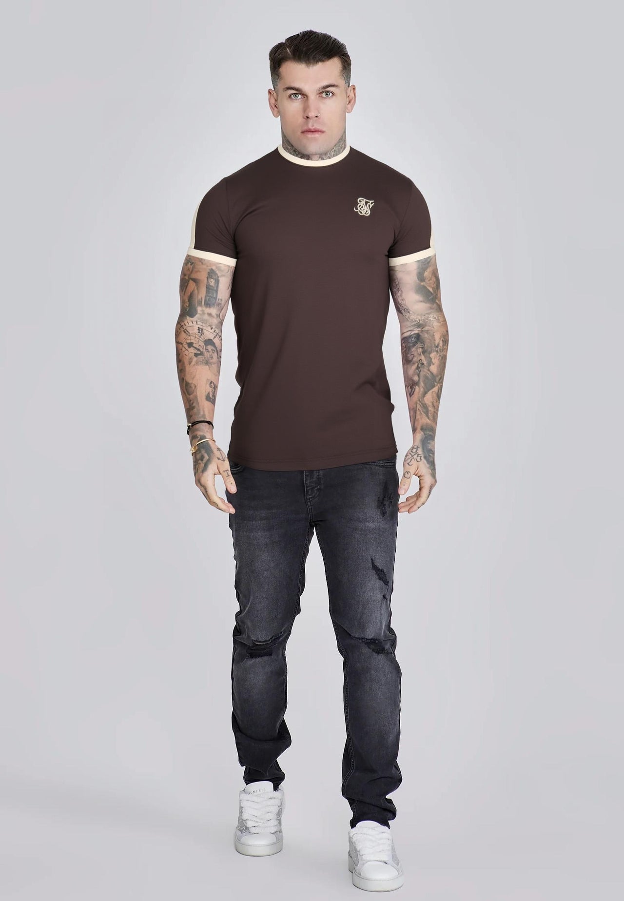 Brown and Ecru Stripe Ringer T-Shirt