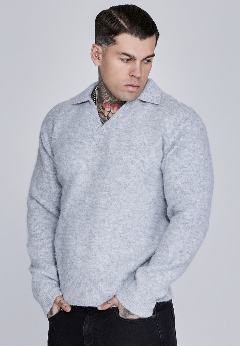 Grey Marl Knitted Polo Sweater (1)