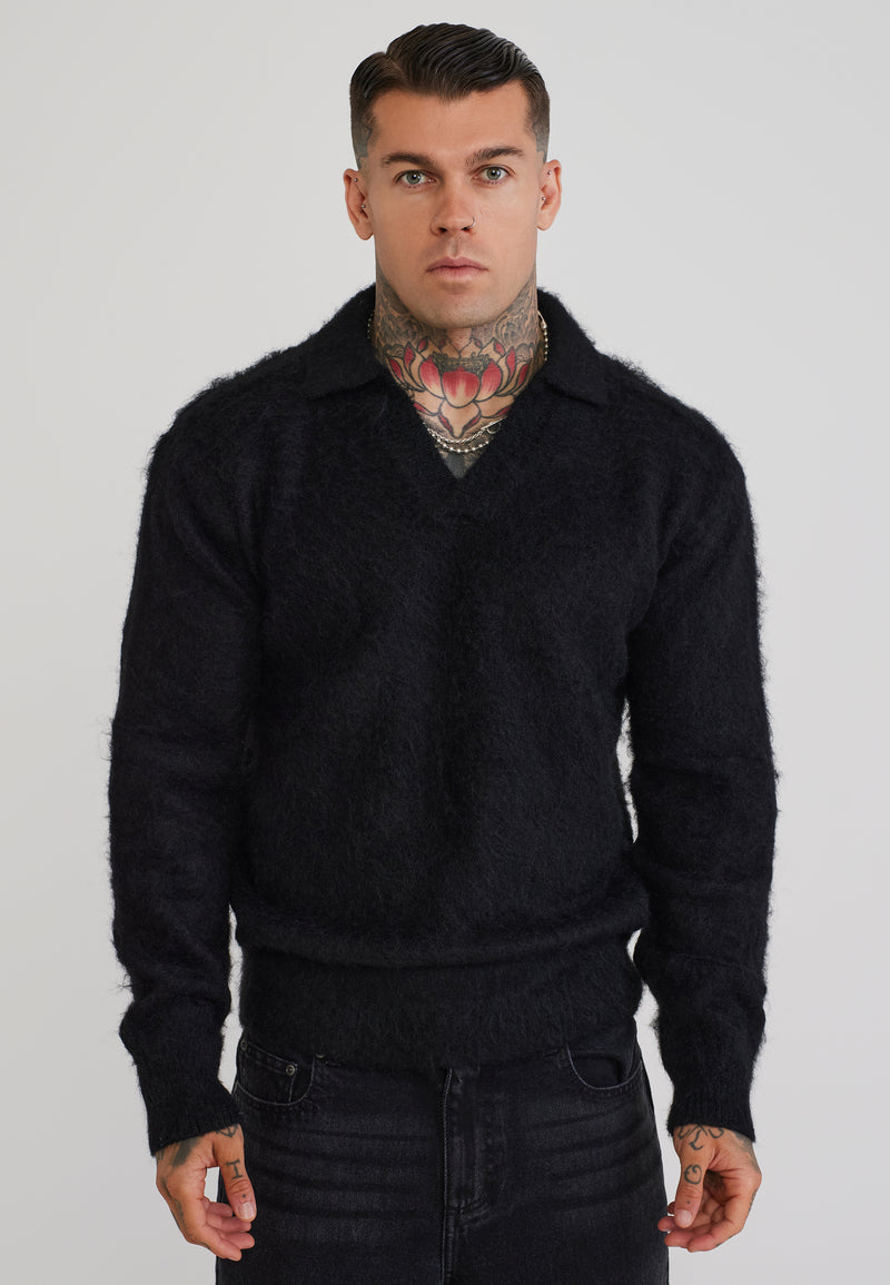Black Knitted Polo Sweater
