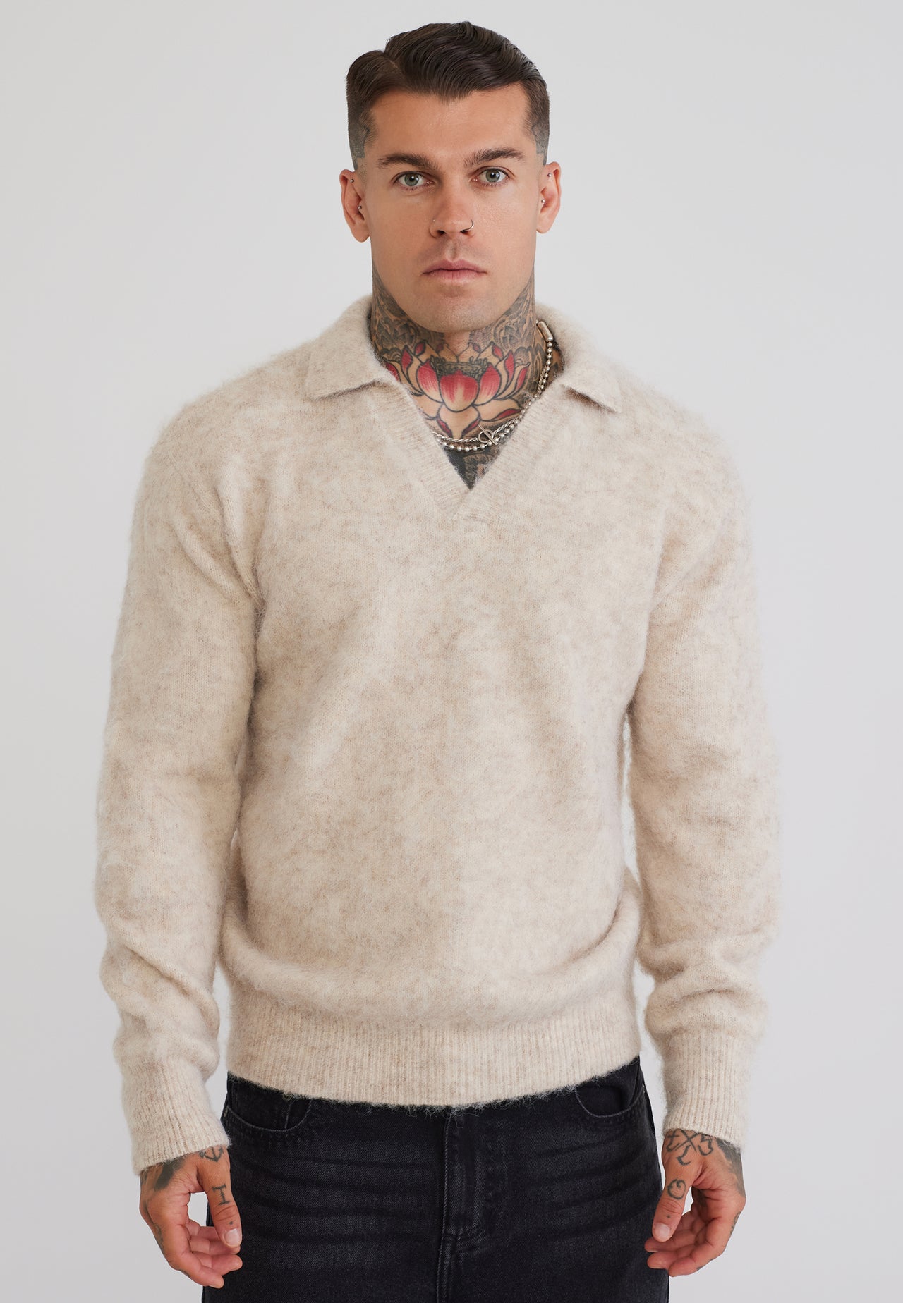 Ecru Knitted Polo Sweater