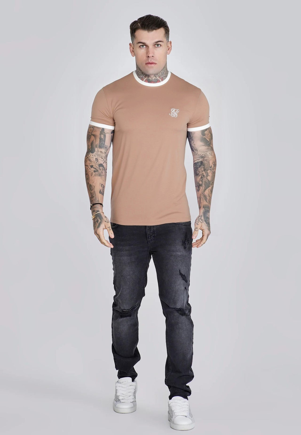 Beige and White Ringer T-Shirt (1)