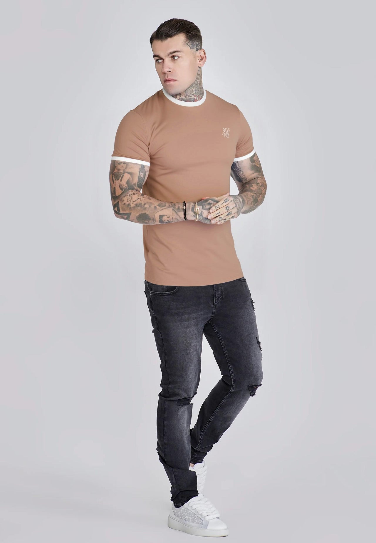 Beige and White Ringer T-Shirt (2)