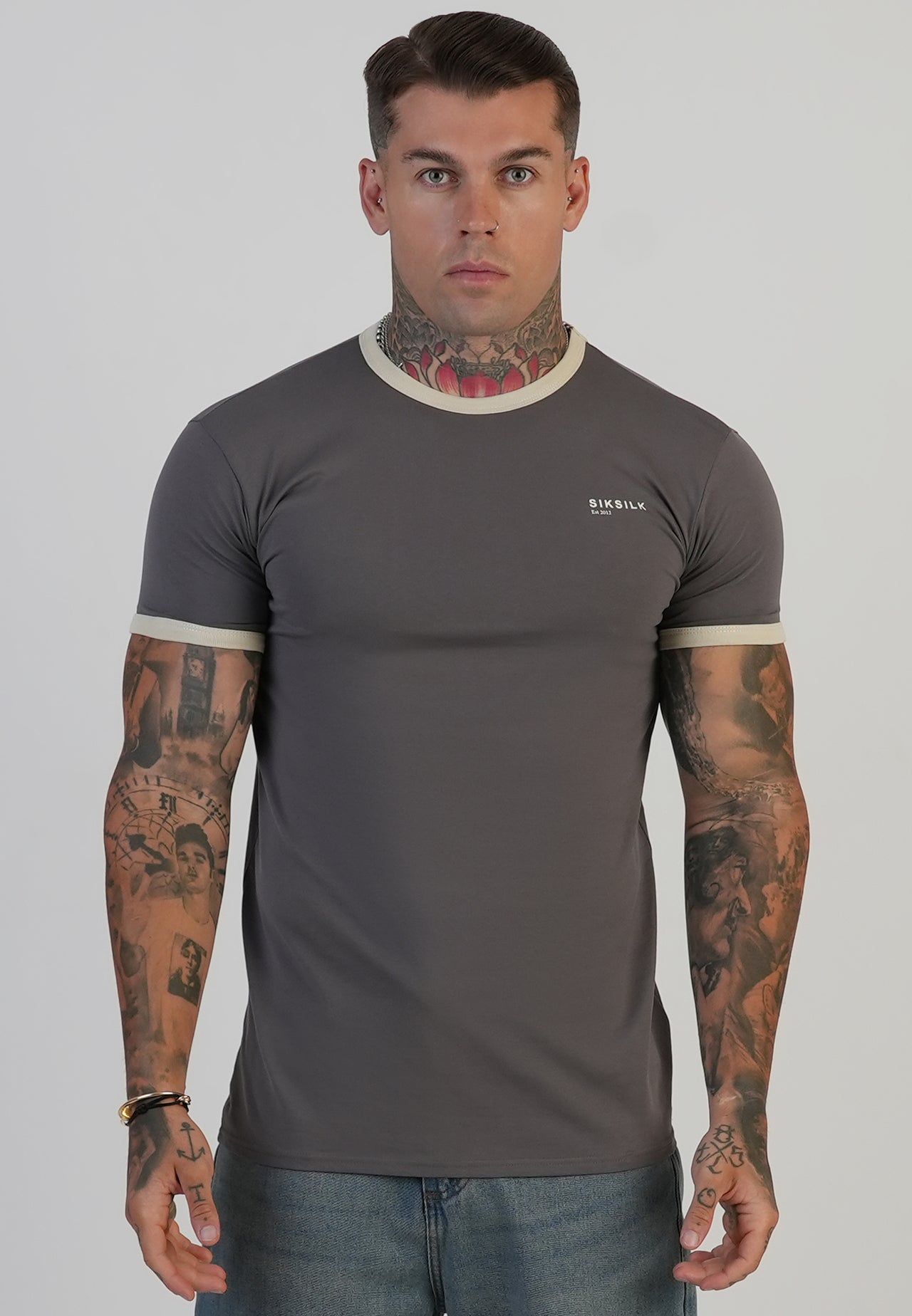 Grey and Ecru Ringer T-Shirt