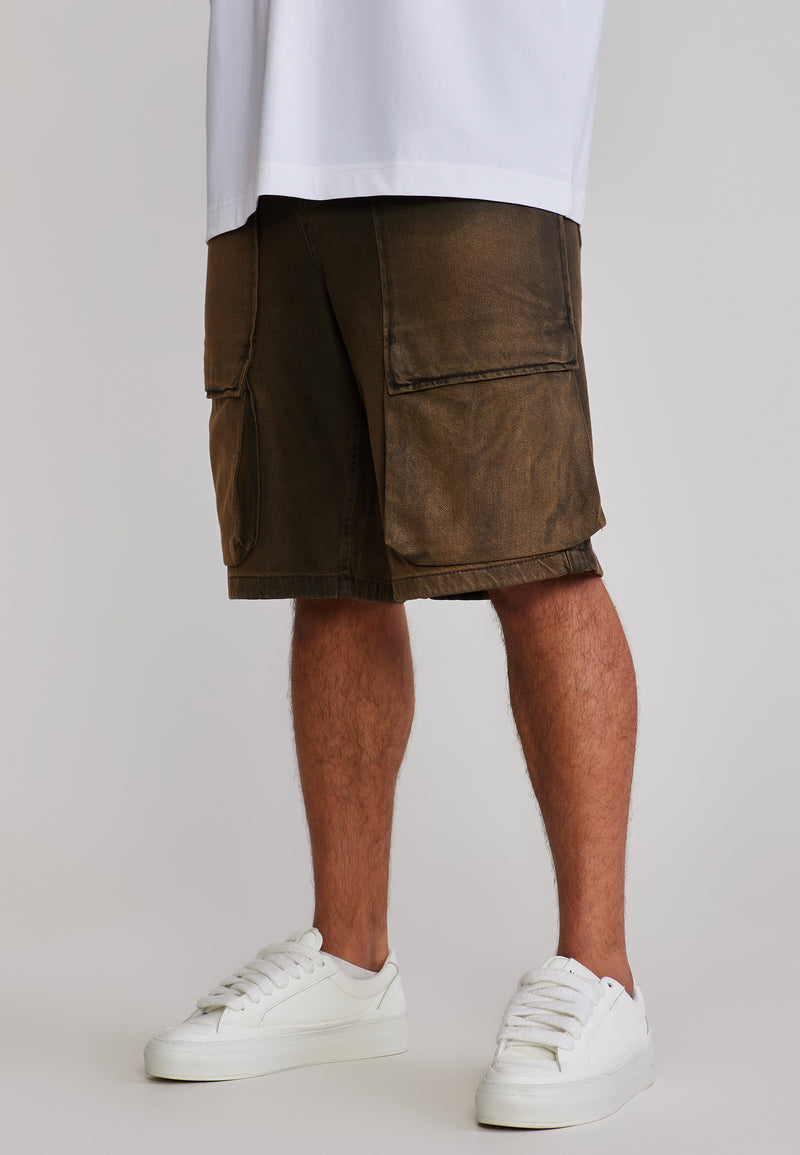 Washed Brown Denim Cargo Shorts