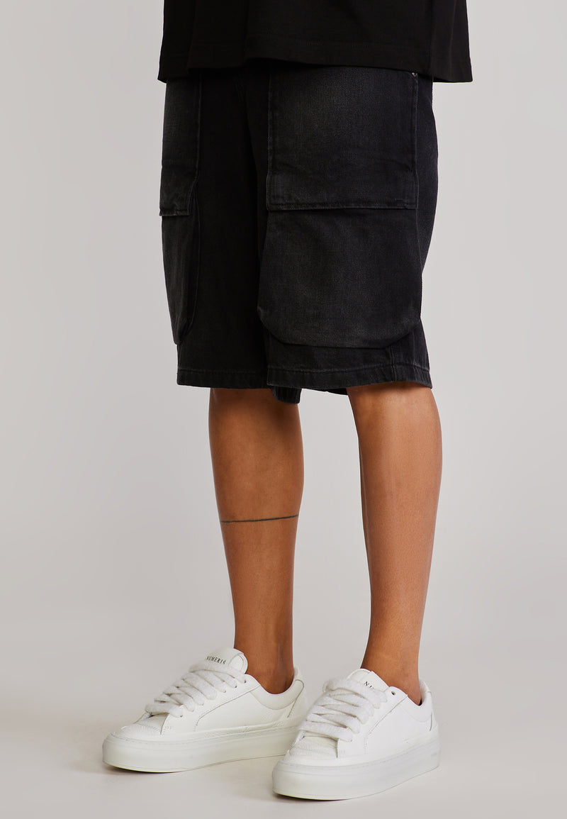 Washed Black Denim Cargo Shorts