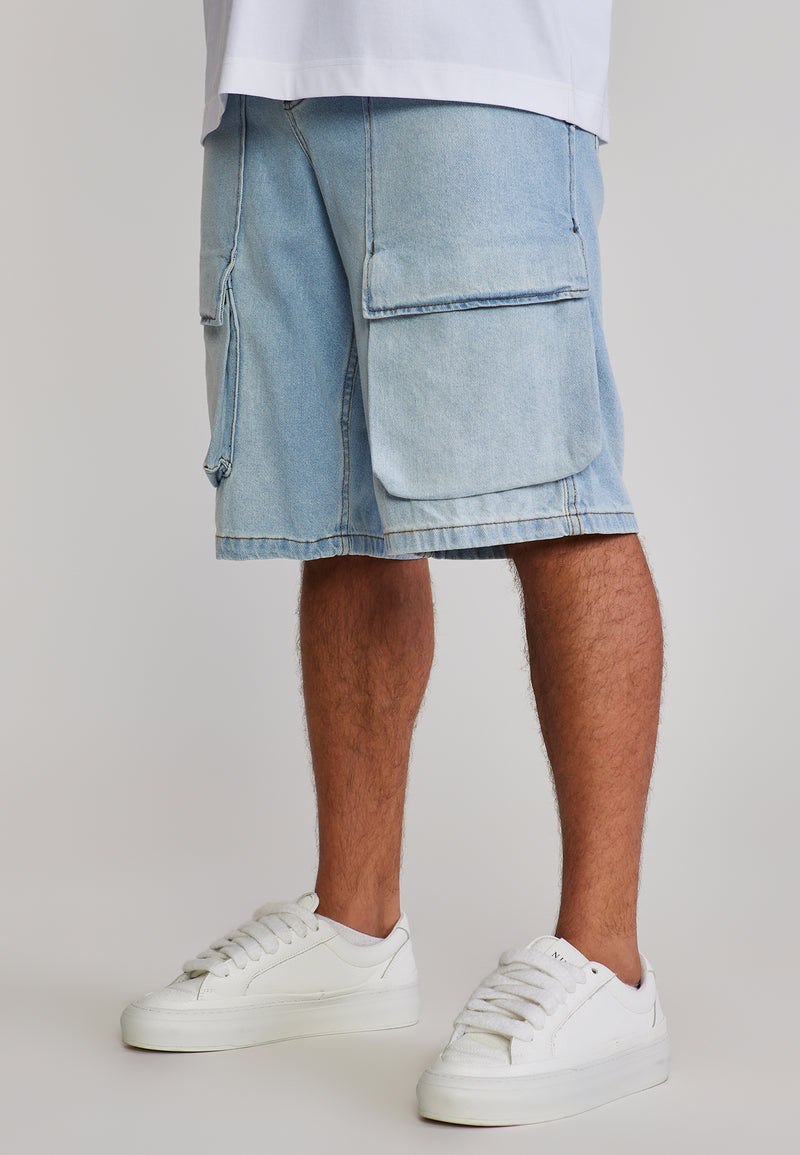 Washed Light Blue Denim Cargo Shorts