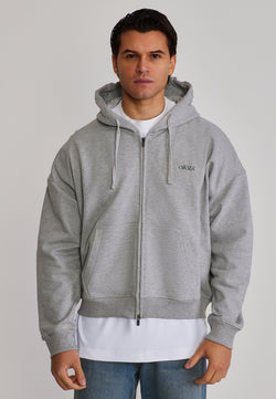 Grey Marl Graphic Full Zip Boxy  Hoodie