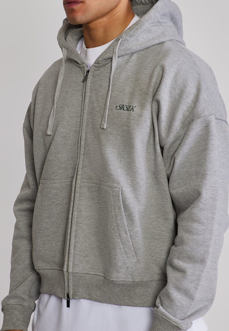 Grey Marl Graphic Full Zip Boxy  Hoodie (1)