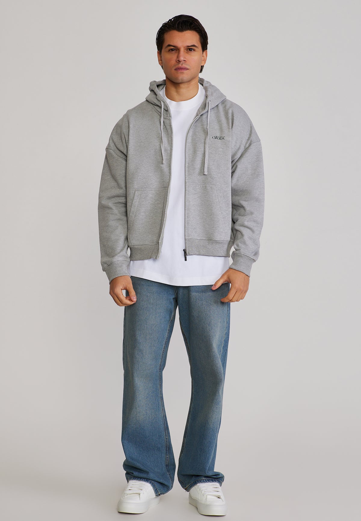Grey Marl Graphic Full Zip Boxy  Hoodie (2)