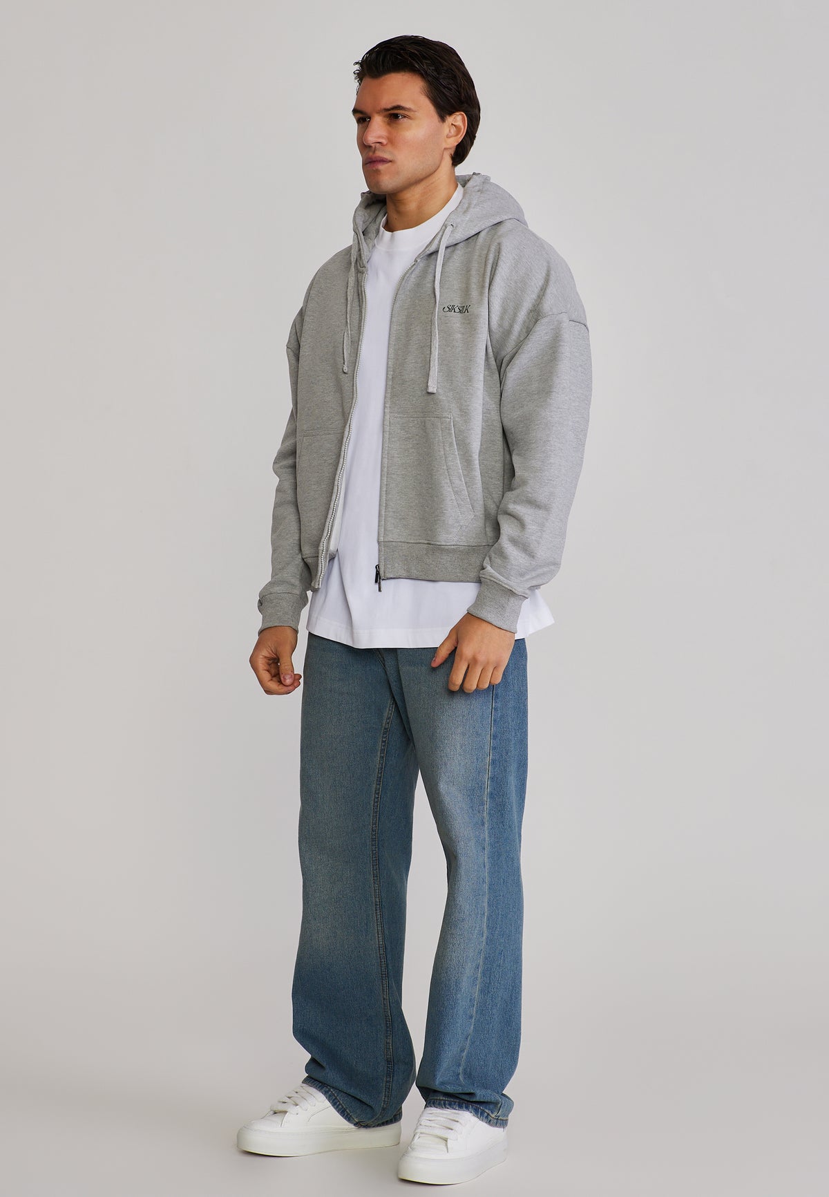 Grey Marl Graphic Full Zip Boxy  Hoodie (3)