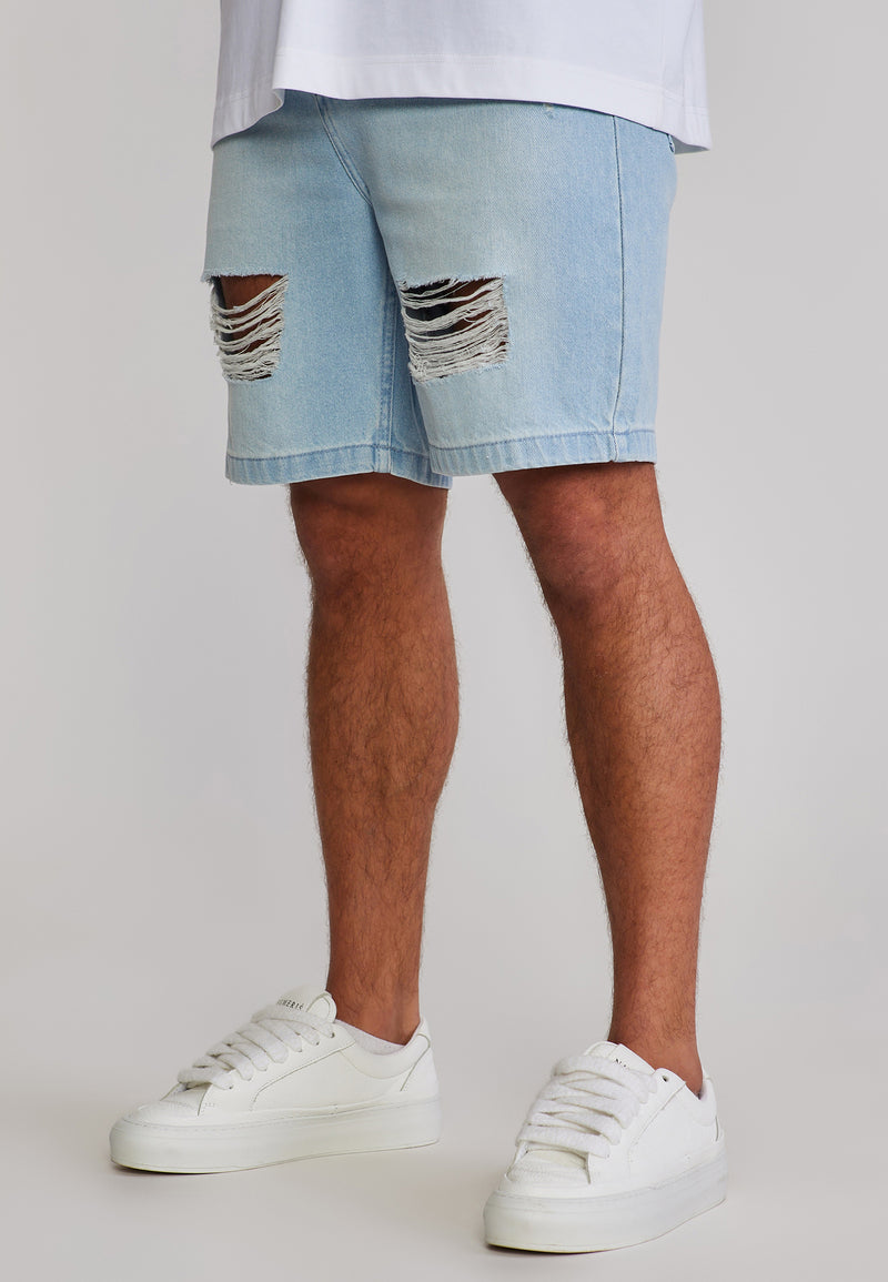 Washed Light Blue Distressed Denim Shorts