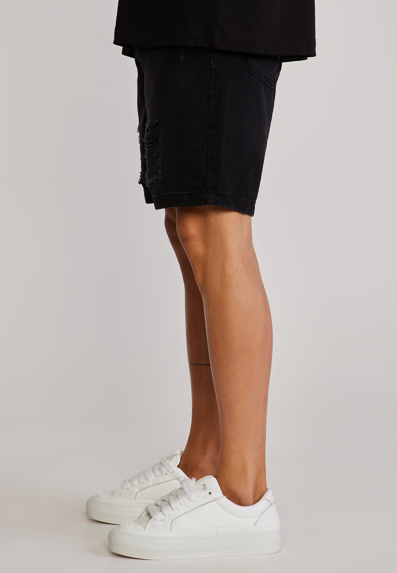 Washed Black Distressed Denim Shorts (2)