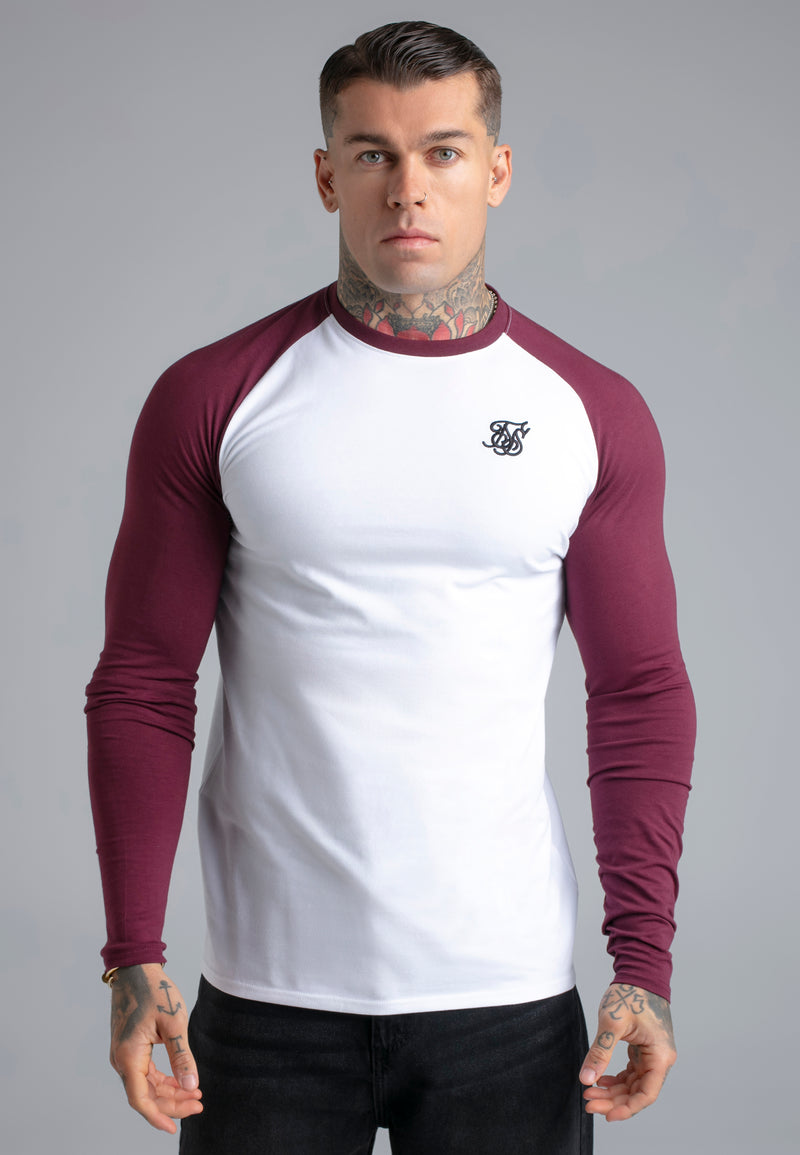 White and Burgundy LS Muscle Fit T-Shirt