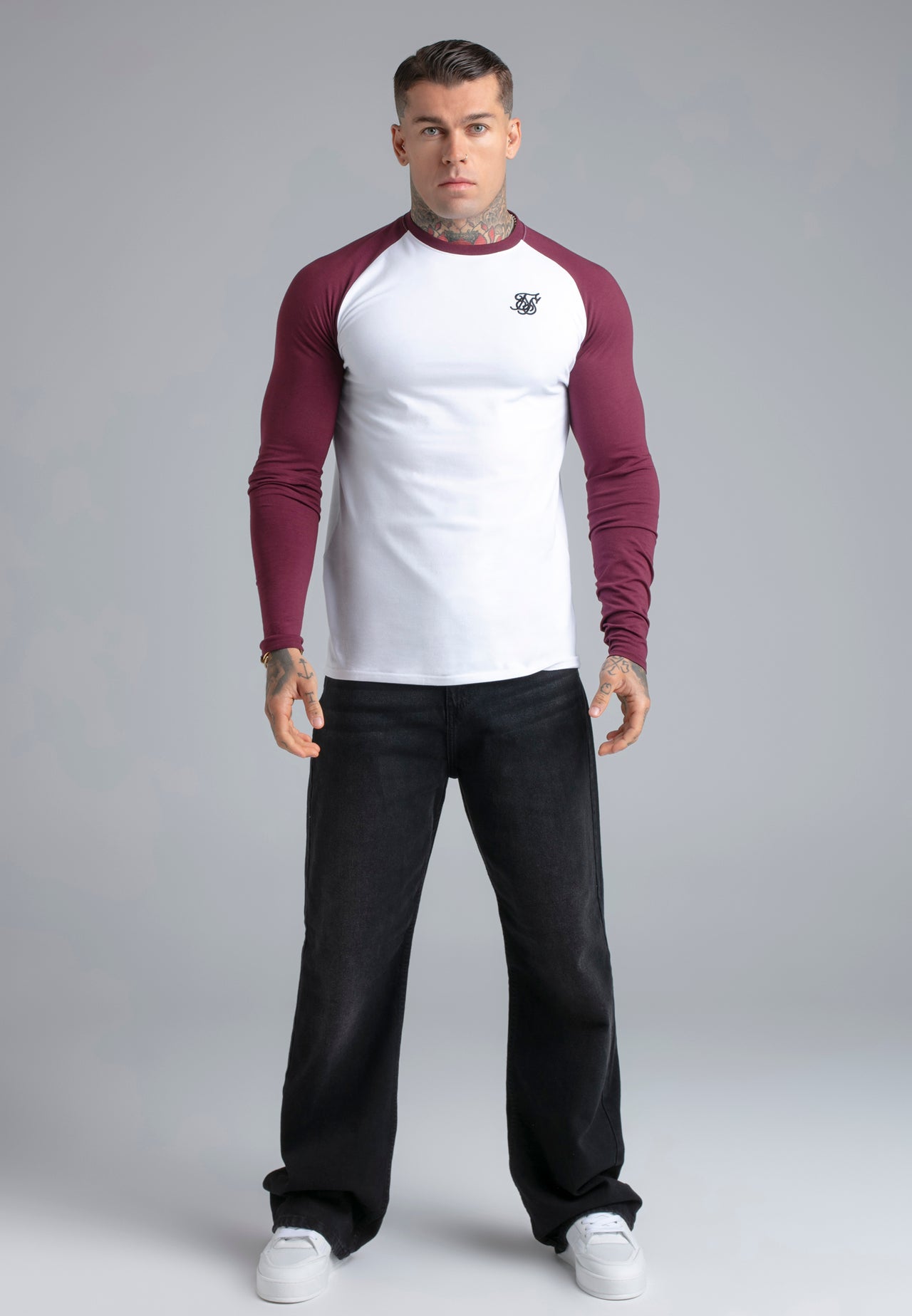 White and Burgundy LS Muscle Fit T-Shirt (2)