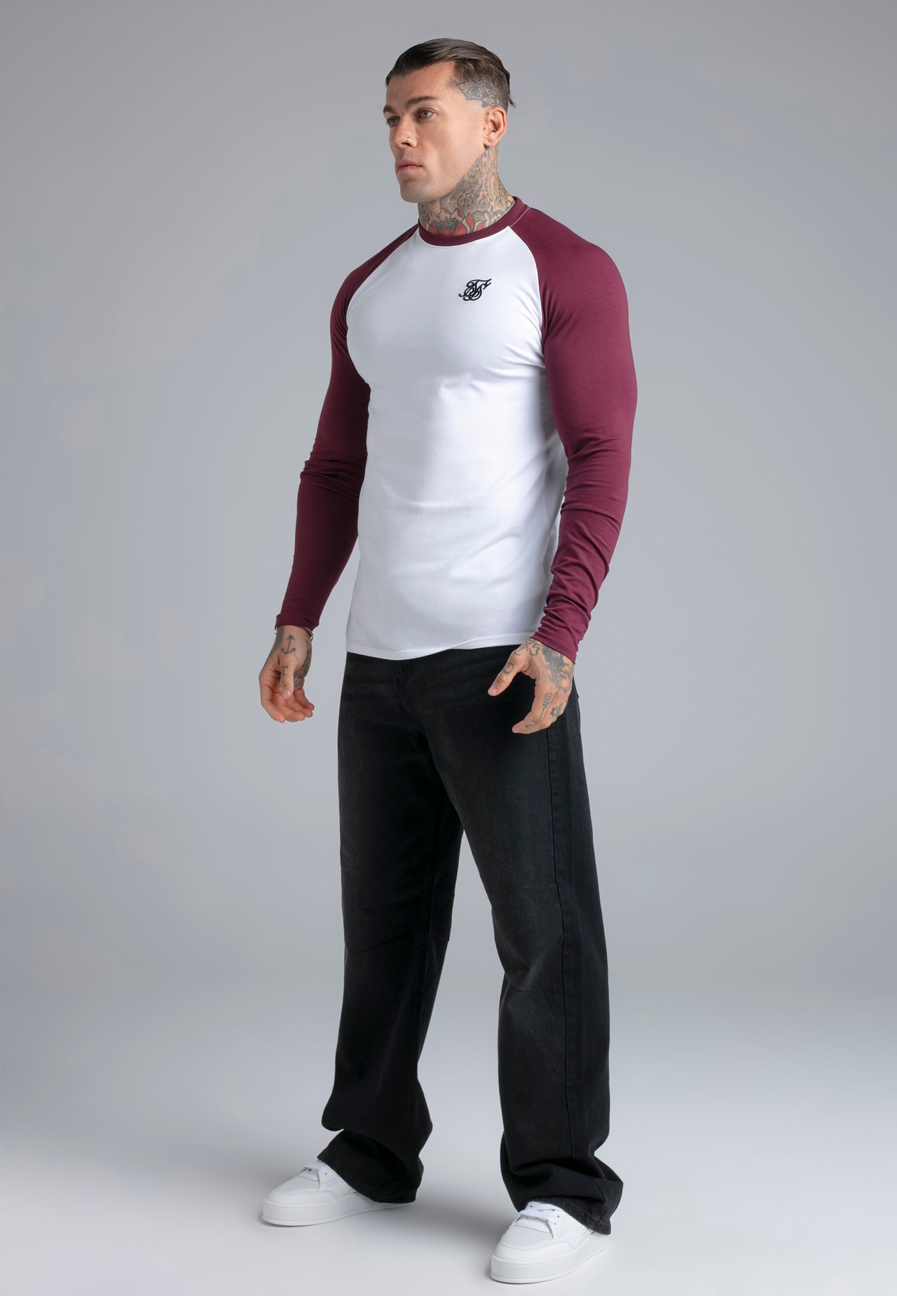 White and Burgundy LS Muscle Fit T-Shirt (3)