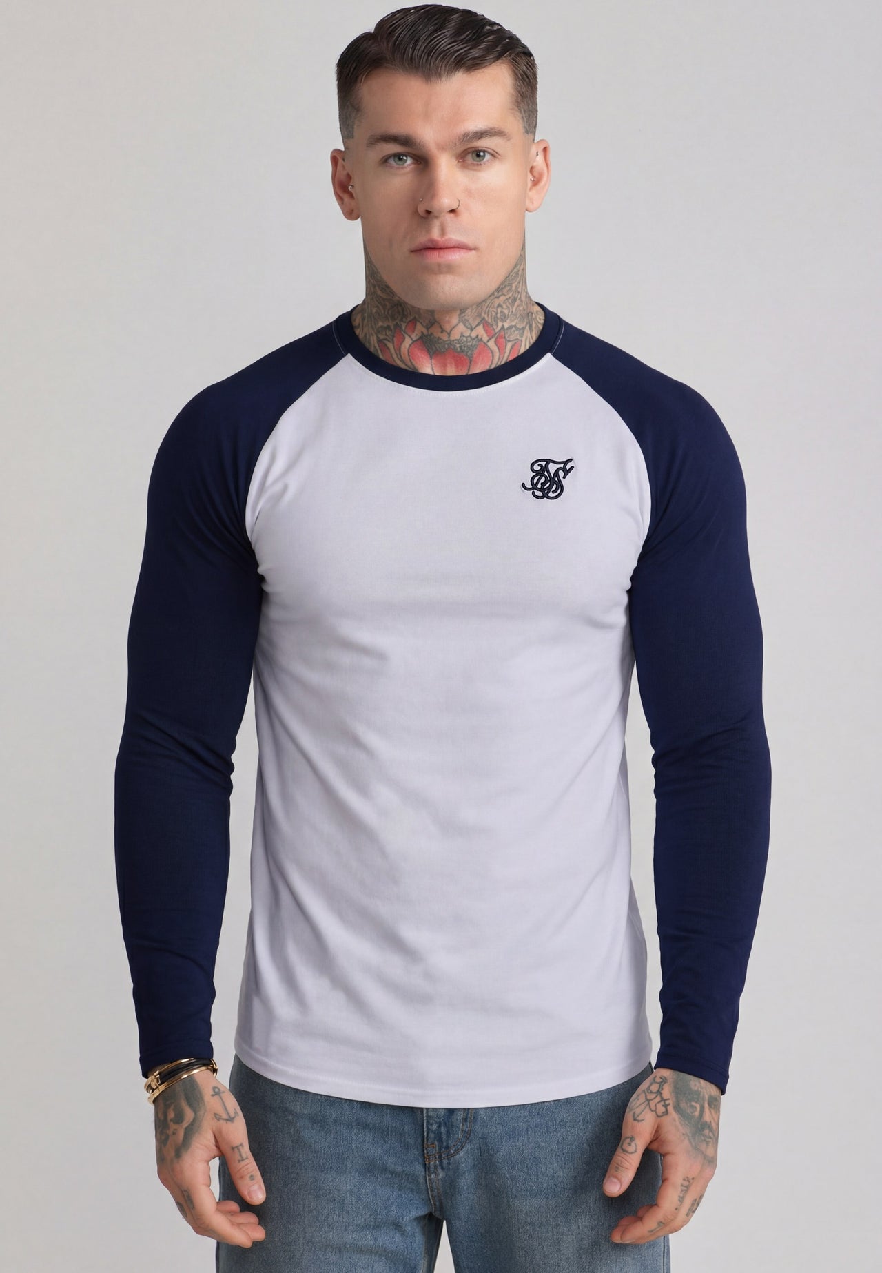 White and Navy LS Muscle Fit T-Shirt