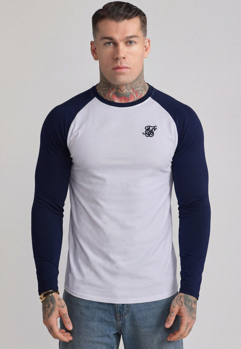 White and Navy LS Muscle Fit T-Shirt