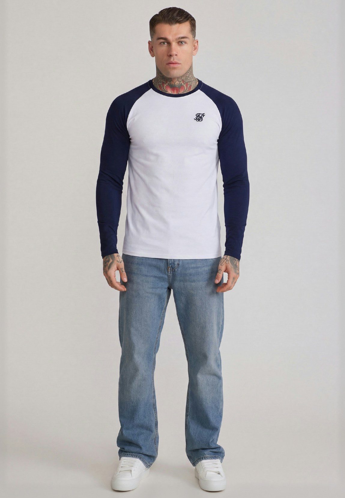 White and Navy LS Muscle Fit T-Shirt (2)