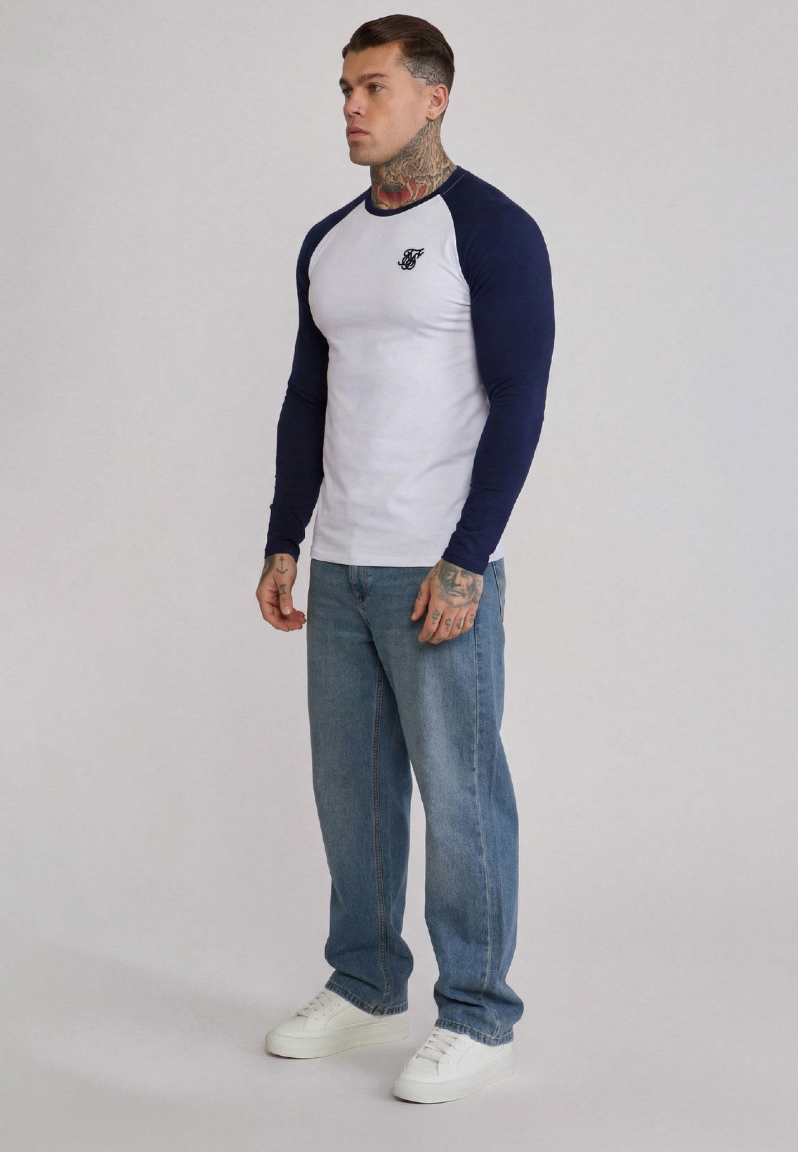 White and Navy LS Muscle Fit T-Shirt (3)
