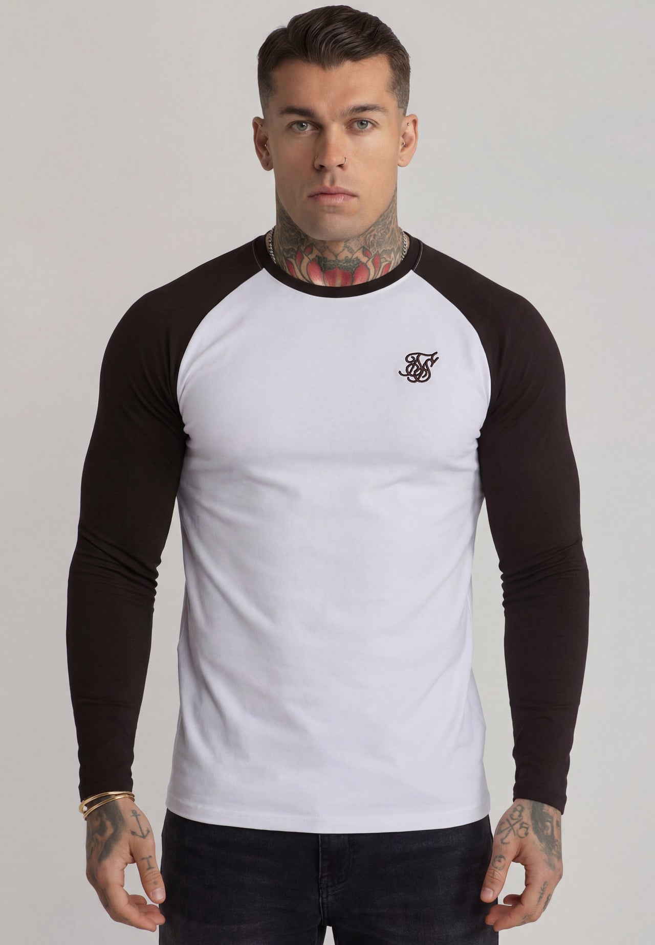 White and Brown LS Muscle Fit T-Shirt