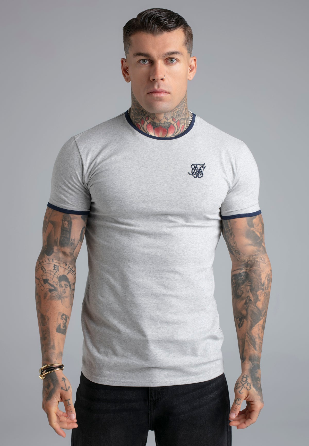 SikSilk Mens Grey Marl,Navy Ringer T-Shirt | SikSilk UK