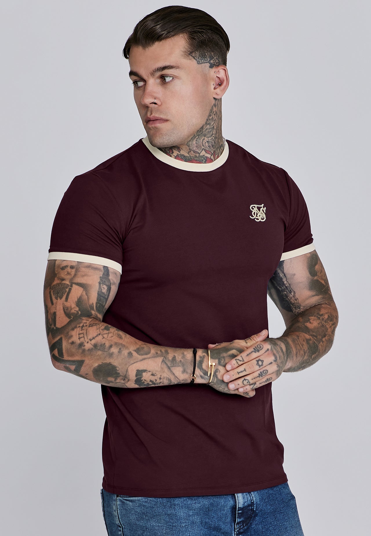 Burgundy and Ecru Ringer T-Shirt