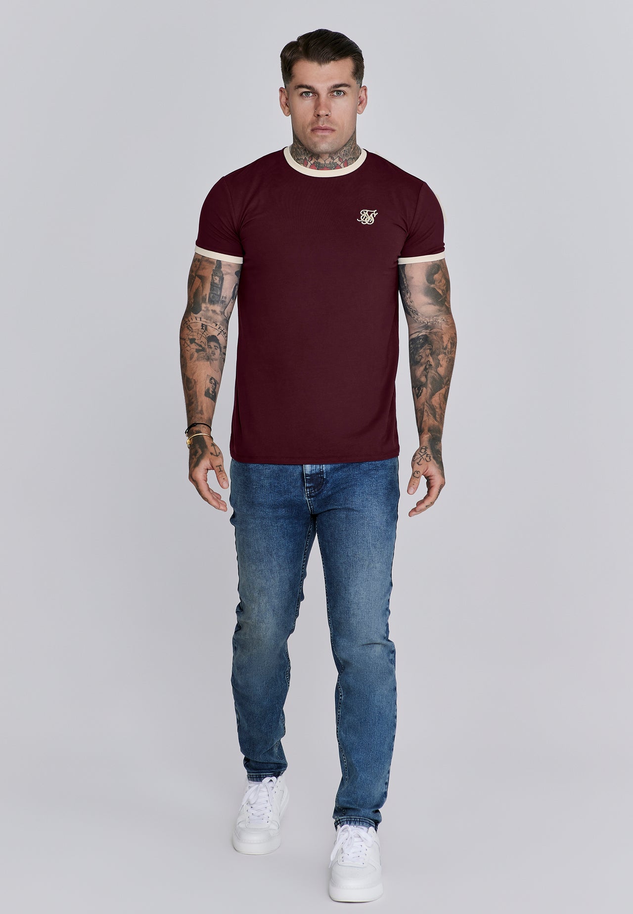 Burgundy and Ecru Ringer T-Shirt (1)