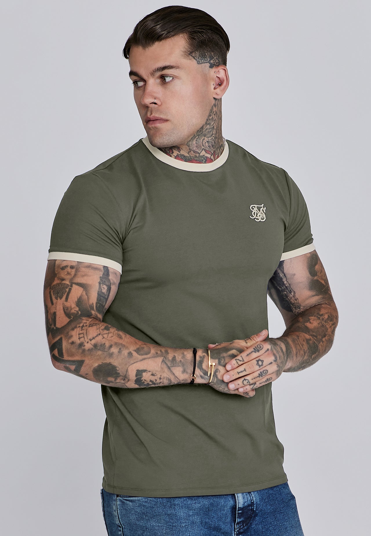 Khaki Green and Ecru Ringer T-Shirt