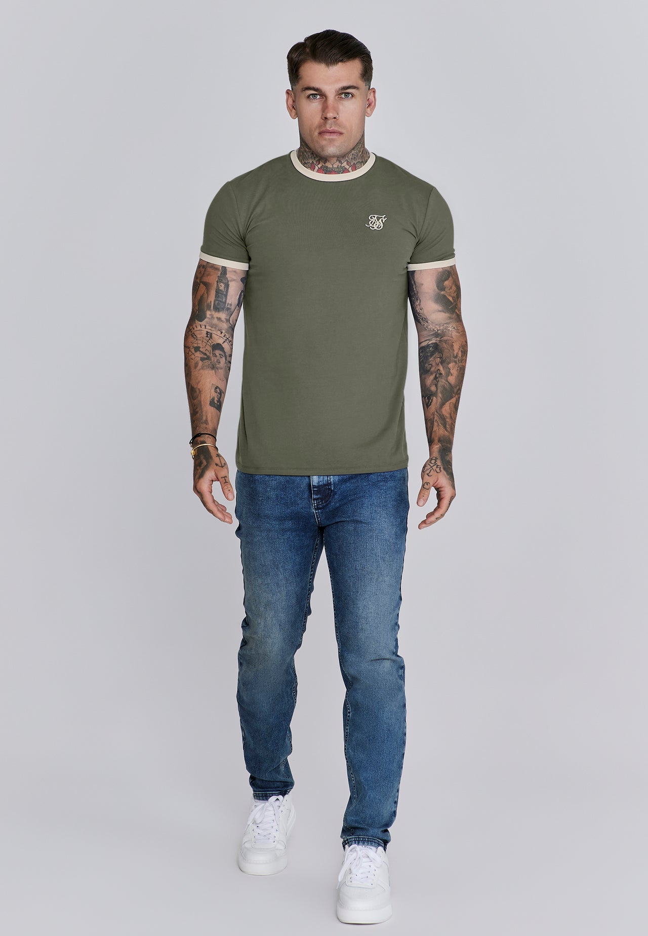 Khaki Green and Ecru Ringer T-Shirt (1)