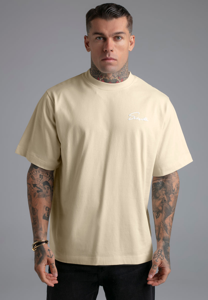 SikSilk Mens Ecru Script T-Shirt | SikSilk UK