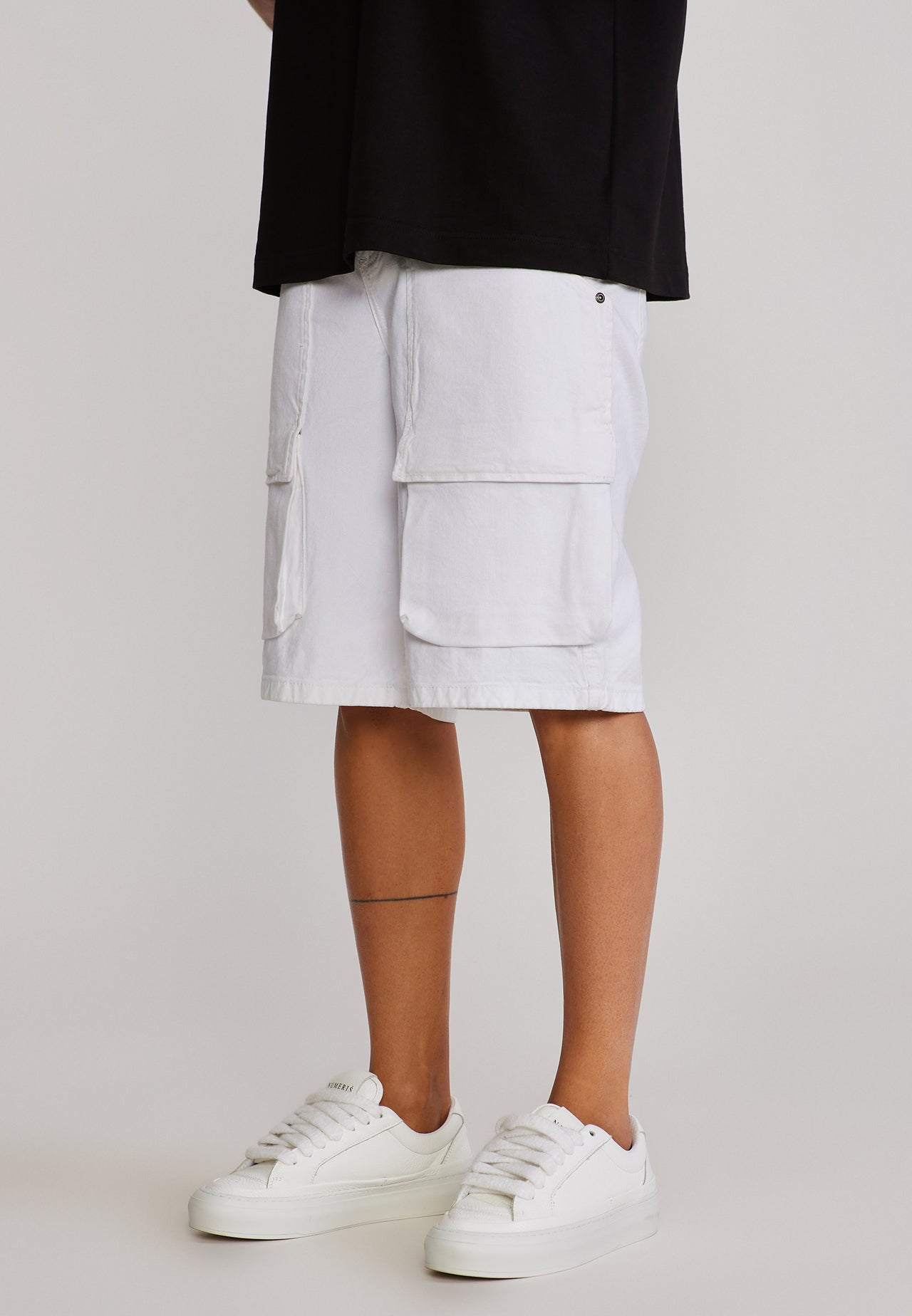 Washed White Denim Cargo Shorts