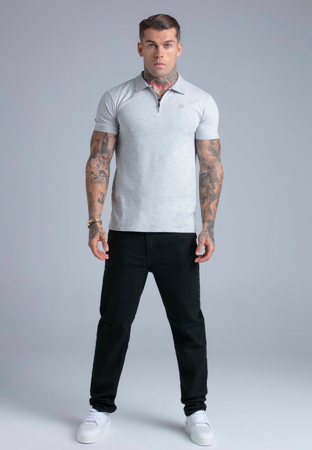 Grey Marl Zip Polo T-Shirt (2)
