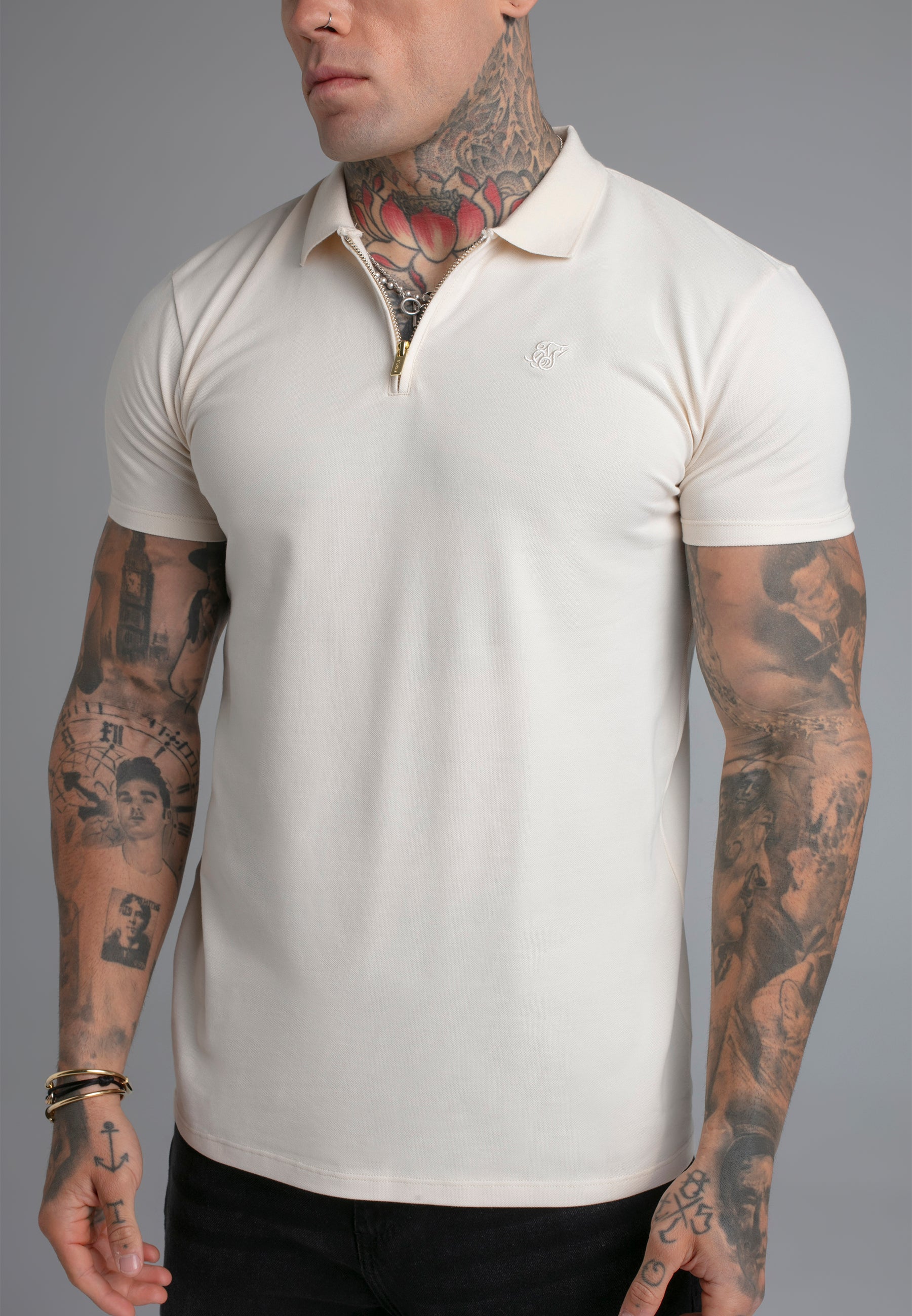 SikSilk Mens Ecru Zip Polo T-Shirt | SikSilk US