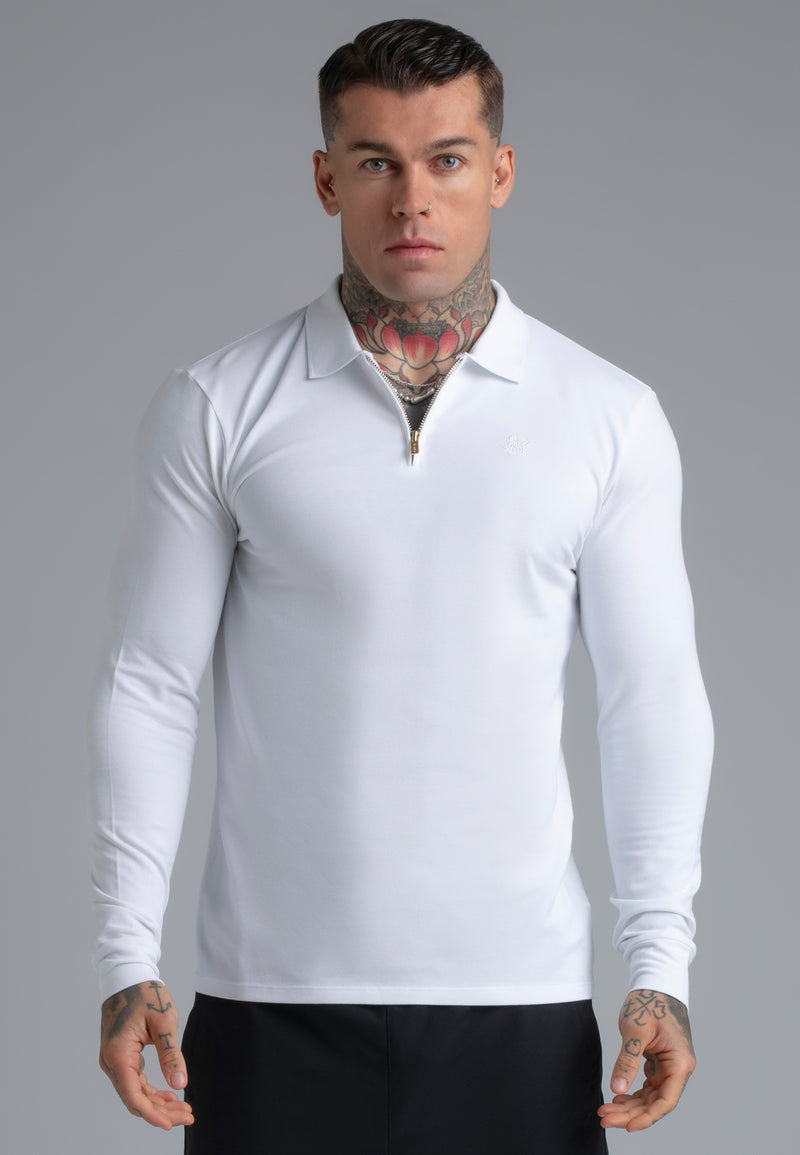 White LS Zip Polo T-Shirt