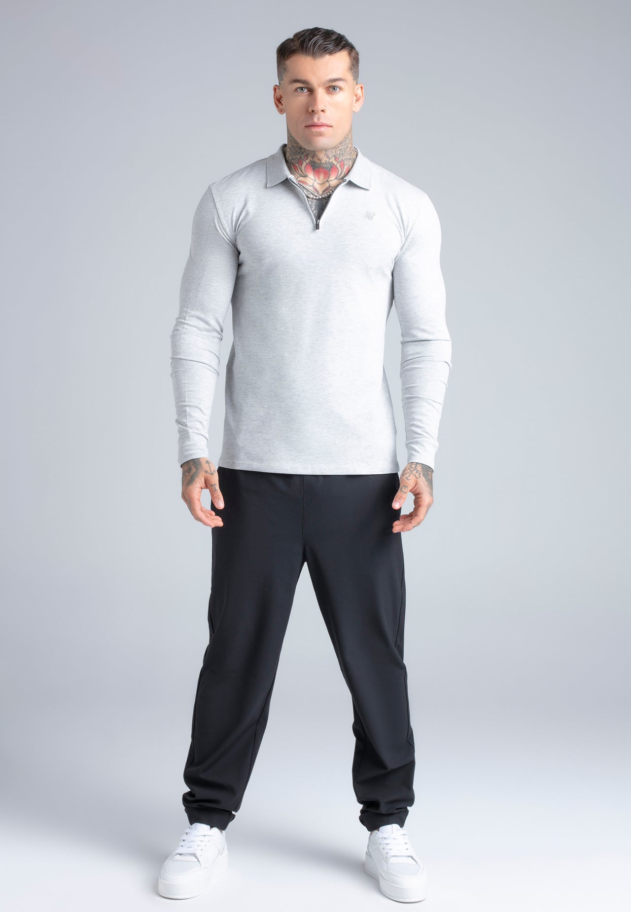 Grey Marl LS Zip Polo T-Shirt (2)