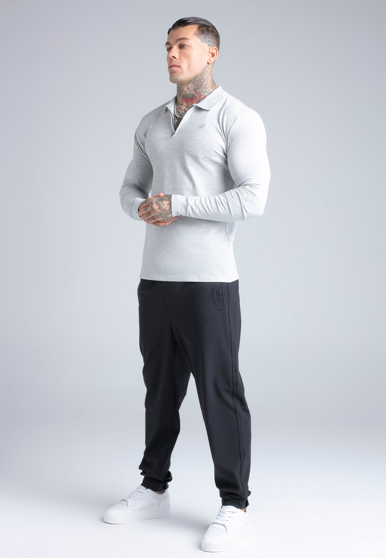 Grey Marl LS Zip Polo T-Shirt (3)