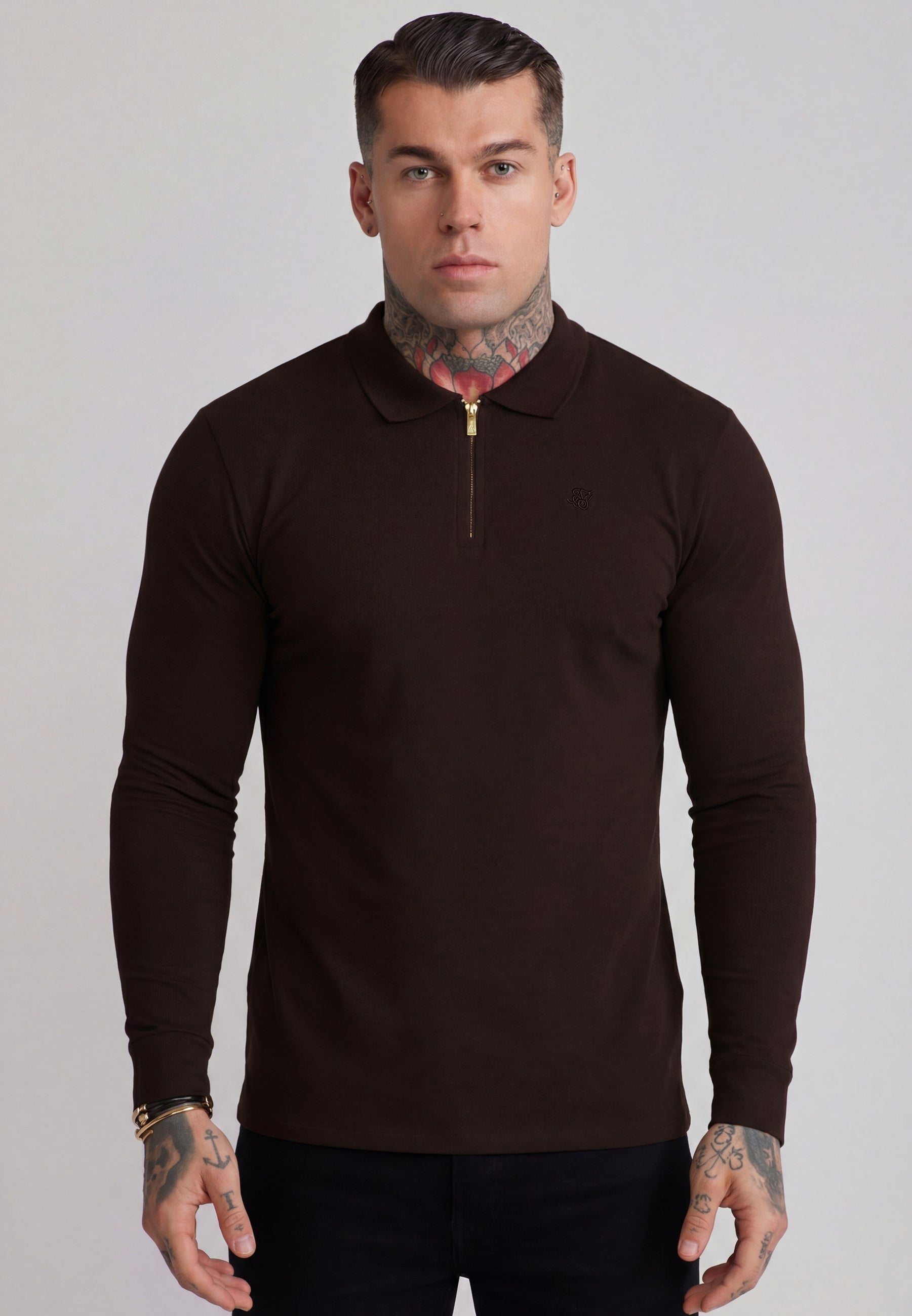 SikSilk Mens Brown LS Zip Polo T-Shirt | SikSilk US
