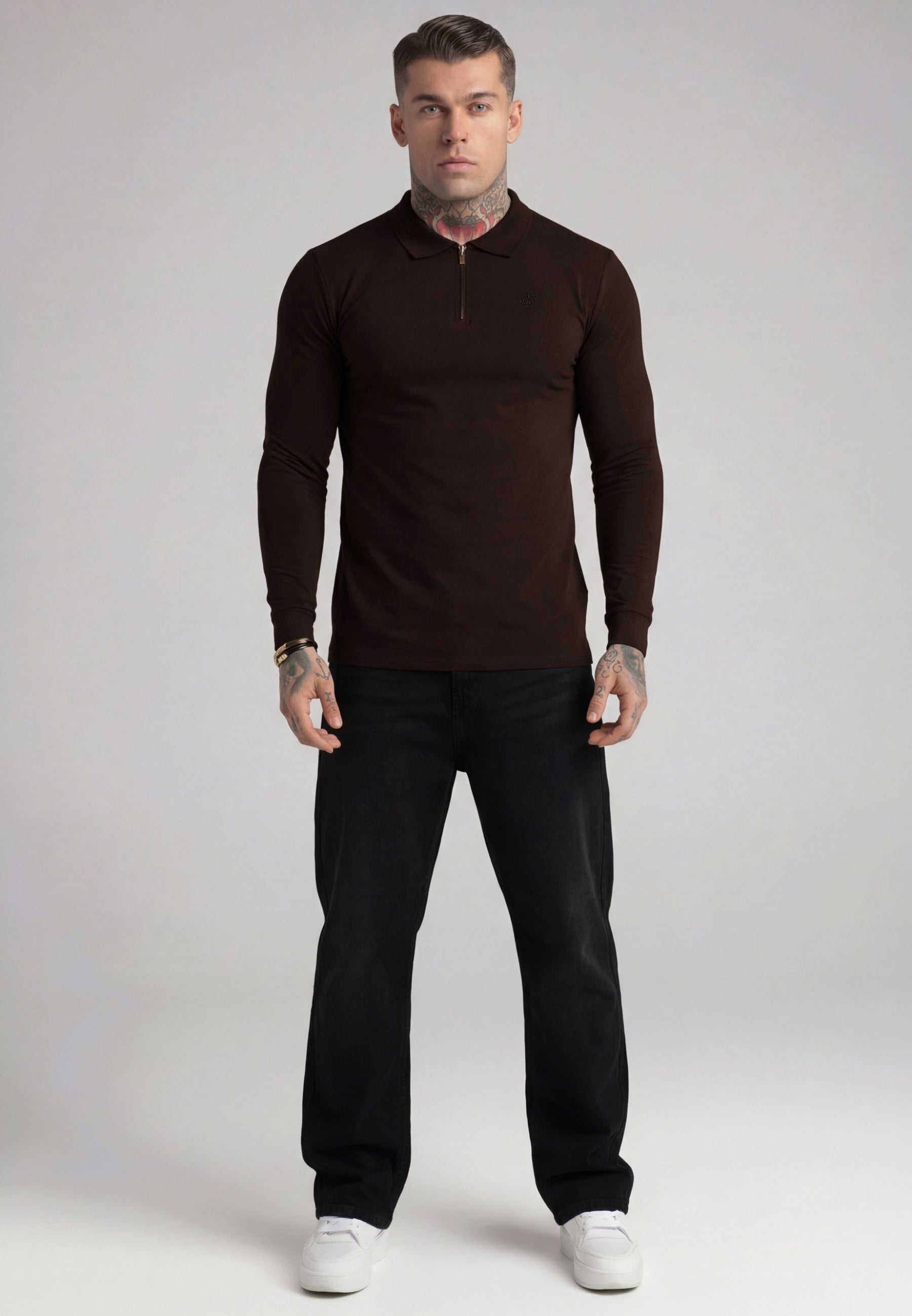 SikSilk Mens Brown LS Zip Polo T-Shirt | SikSilk US