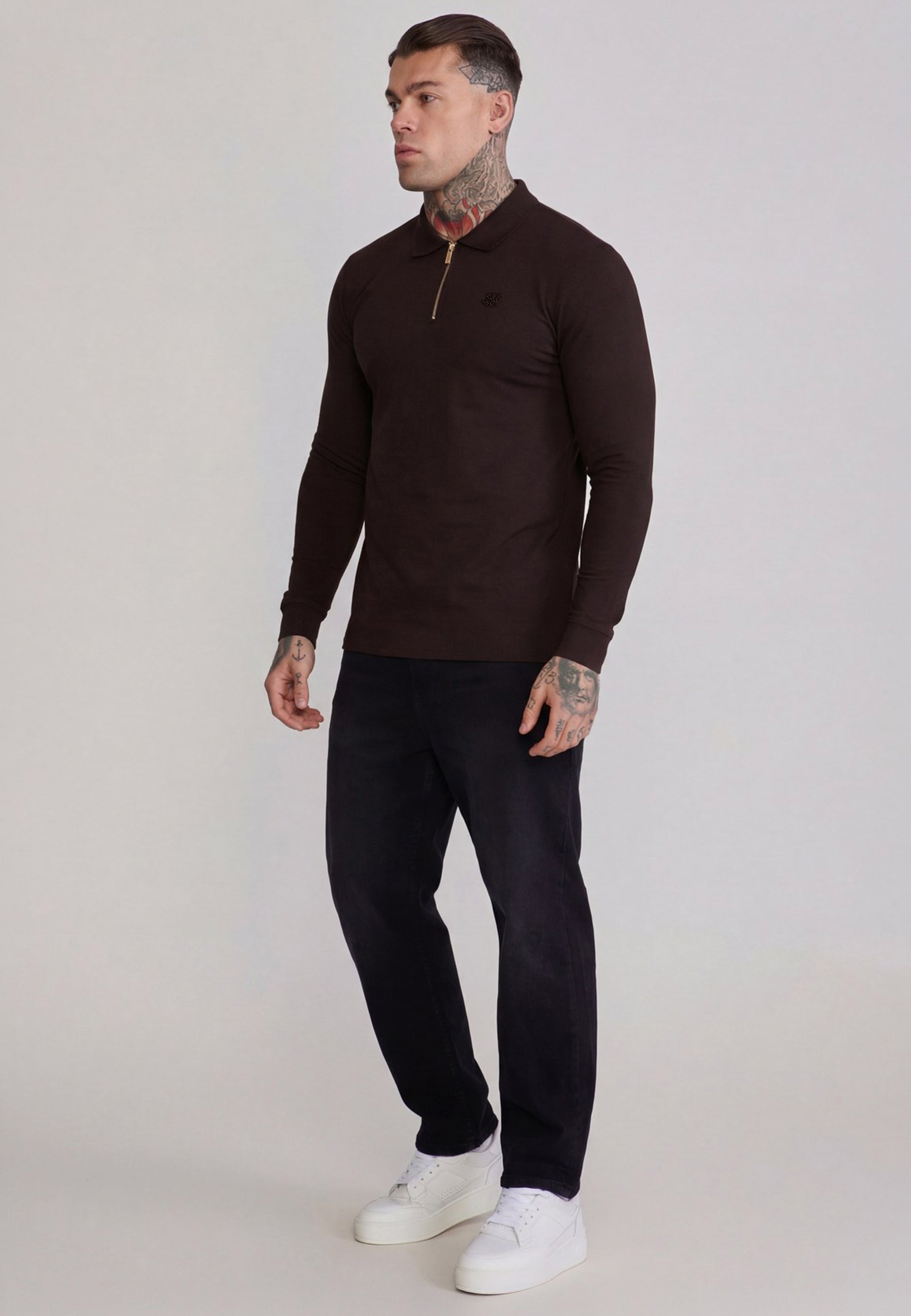Brownシルク SikSilk Mens Brown LS Zip Polo T-Shirt | SikSilk US