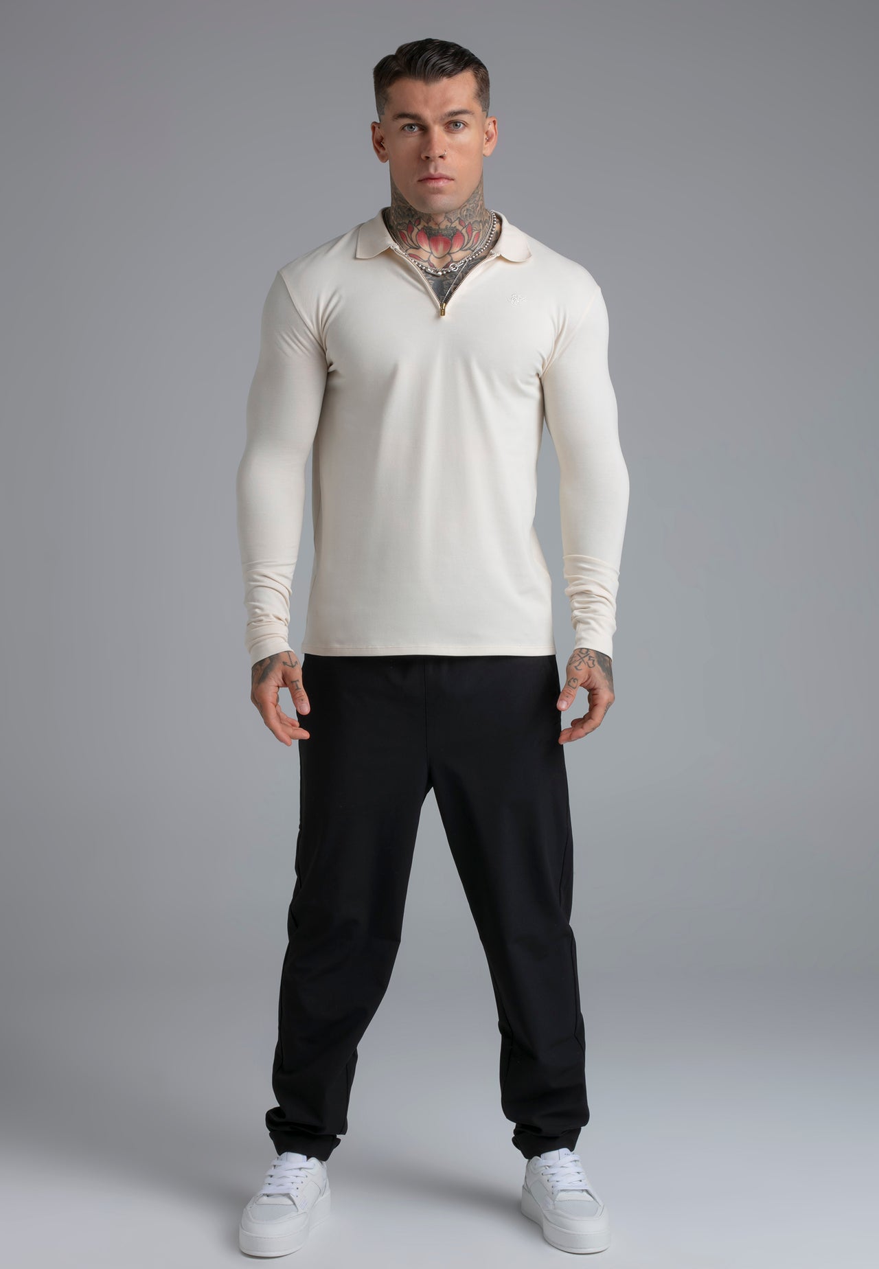 Ecru LS Zip Polo T-Shirt (2)