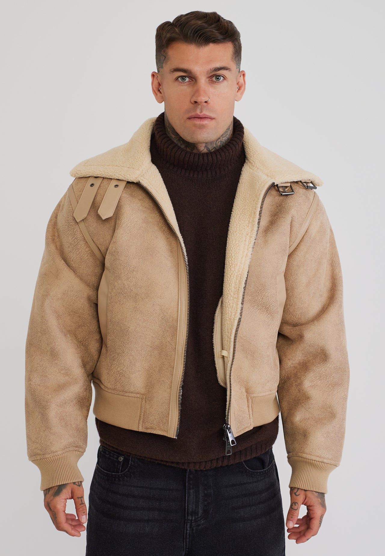 Beige Aviator Bomber Jacket