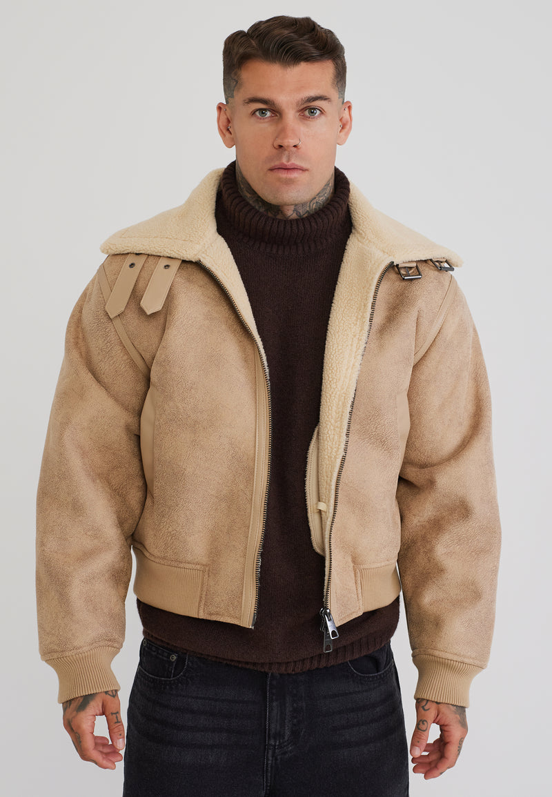 Beige Aviator Bomber Jacket
